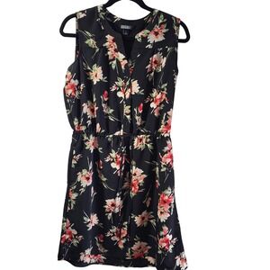 ORIGINAL Black Floral Print‎ Sleeveless Button Front Elastic Waist Midi Dress S